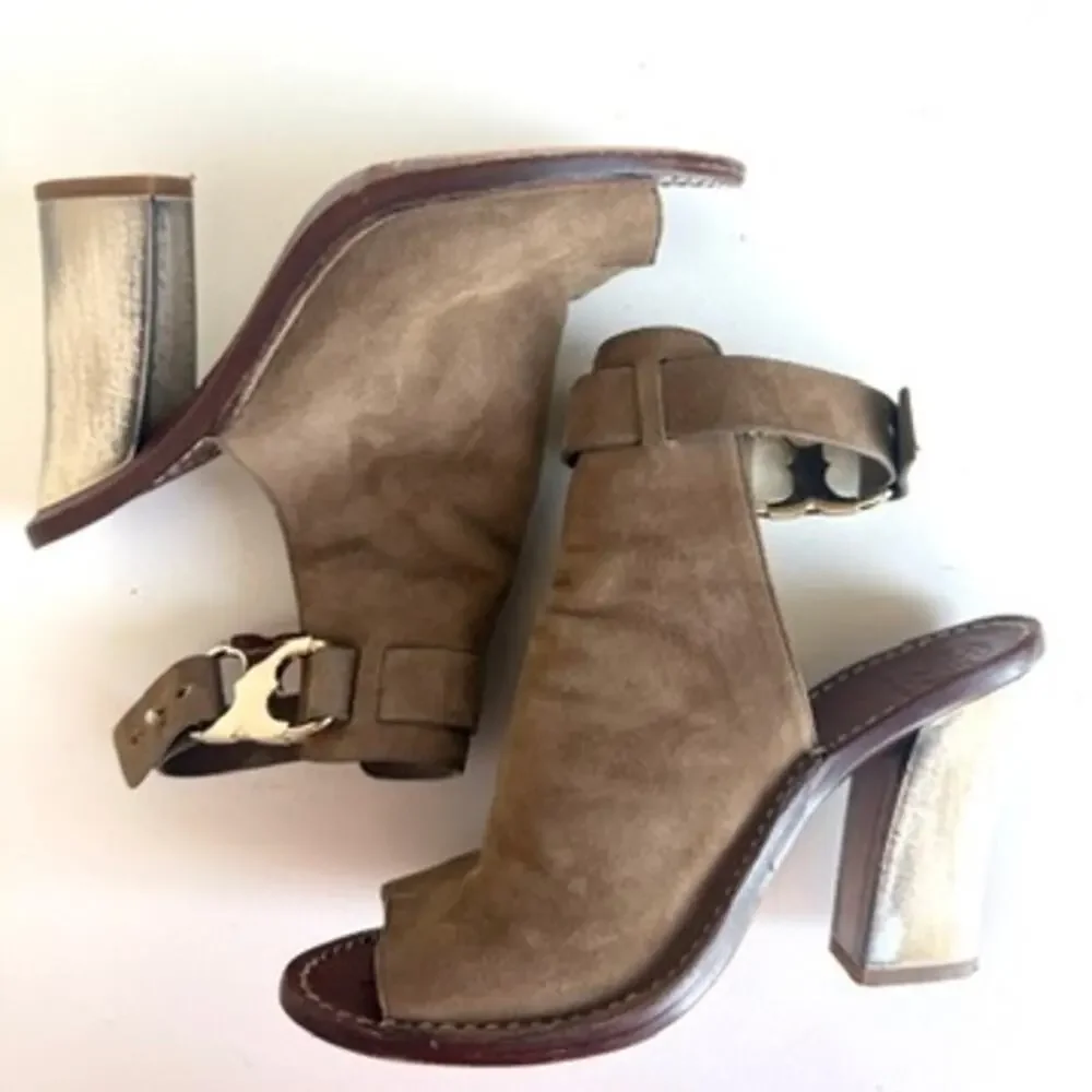 Tory Burch Gemini‎ Link Sandals Taupe Suede Block Heel Peep Toe Designer 7.5
